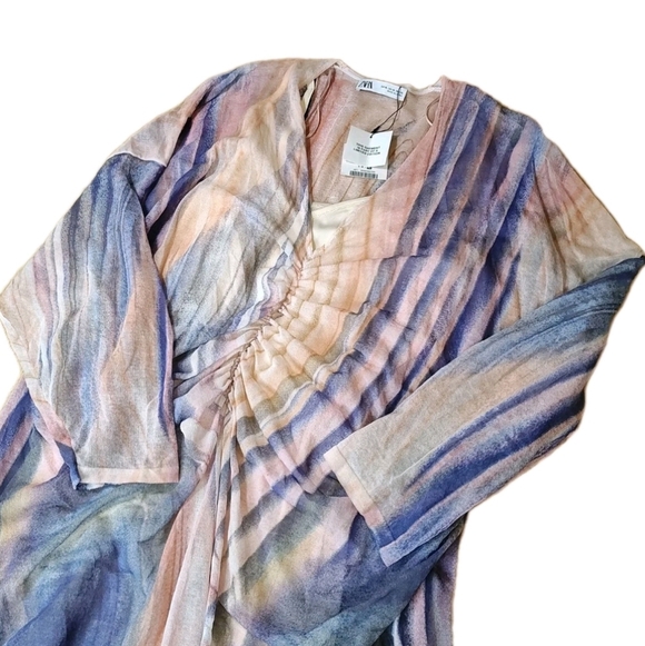 Zara Maxi Dress XL Watercolor Pastels Sheer Mesh Overlay Ruched Front Tunic Nwt - Picture 6 of 13